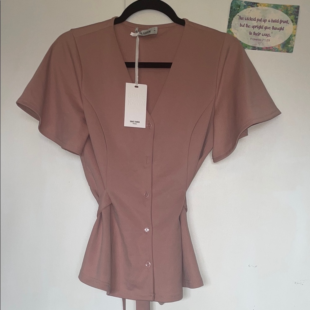 Grace Karin Pink Peplum Blouse with Flutter Sleeves